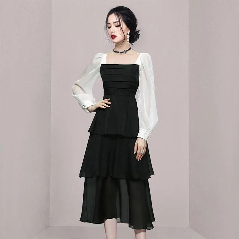 Ofallsis High End Fairy Style Slimming Temperament Knee High Dress 2024 Autumn Winter New Hepburn Style Small Black Dresses