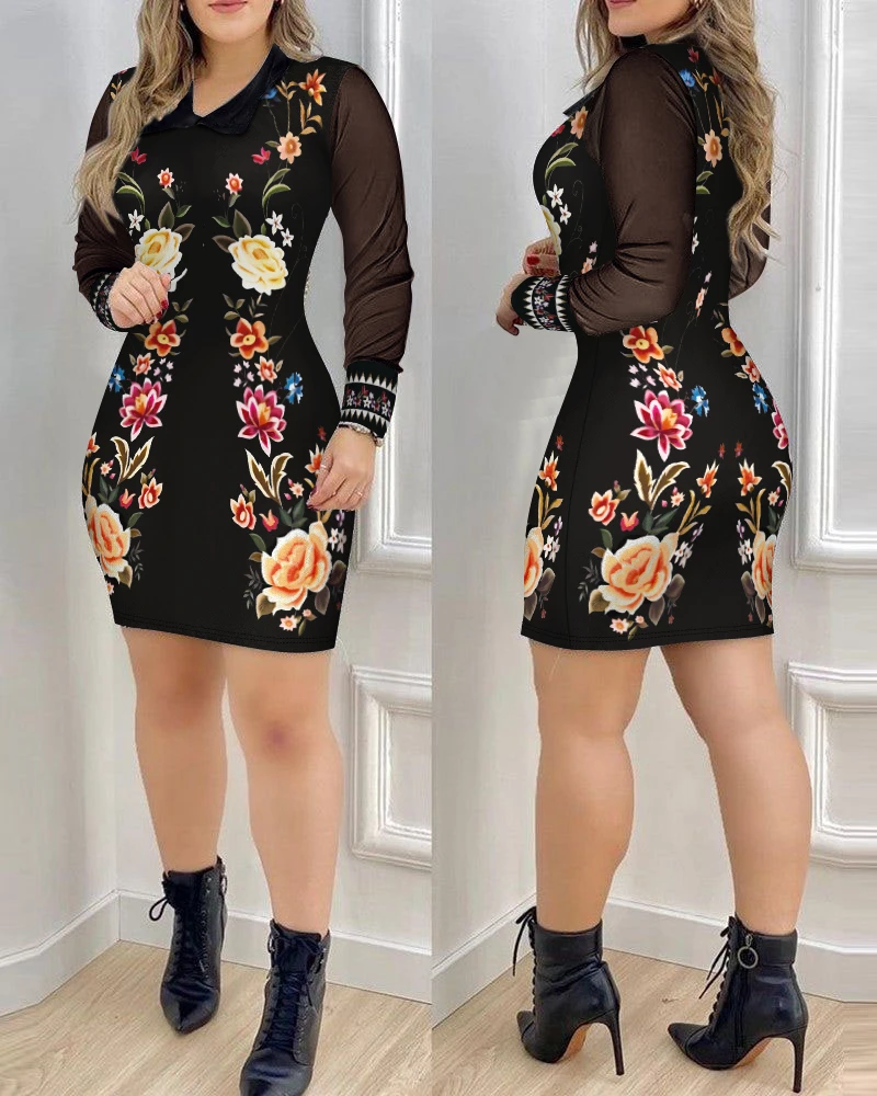 Vestido de manga comprida de malha transparente com estampa de flores, lapela sexy, vestido justo que abraça as quadril, vestido elegante de primavera e verão