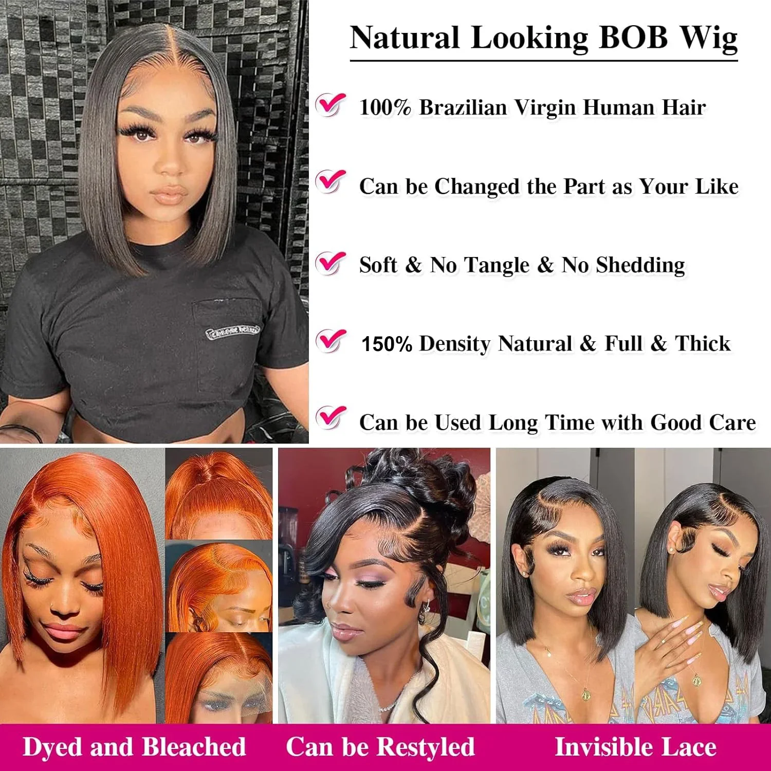 Perruque Bob Lace Front Wig Remy Naturelle Lisse, Cheveux Courts, 4x4, 13x4, pour Femme Africaine