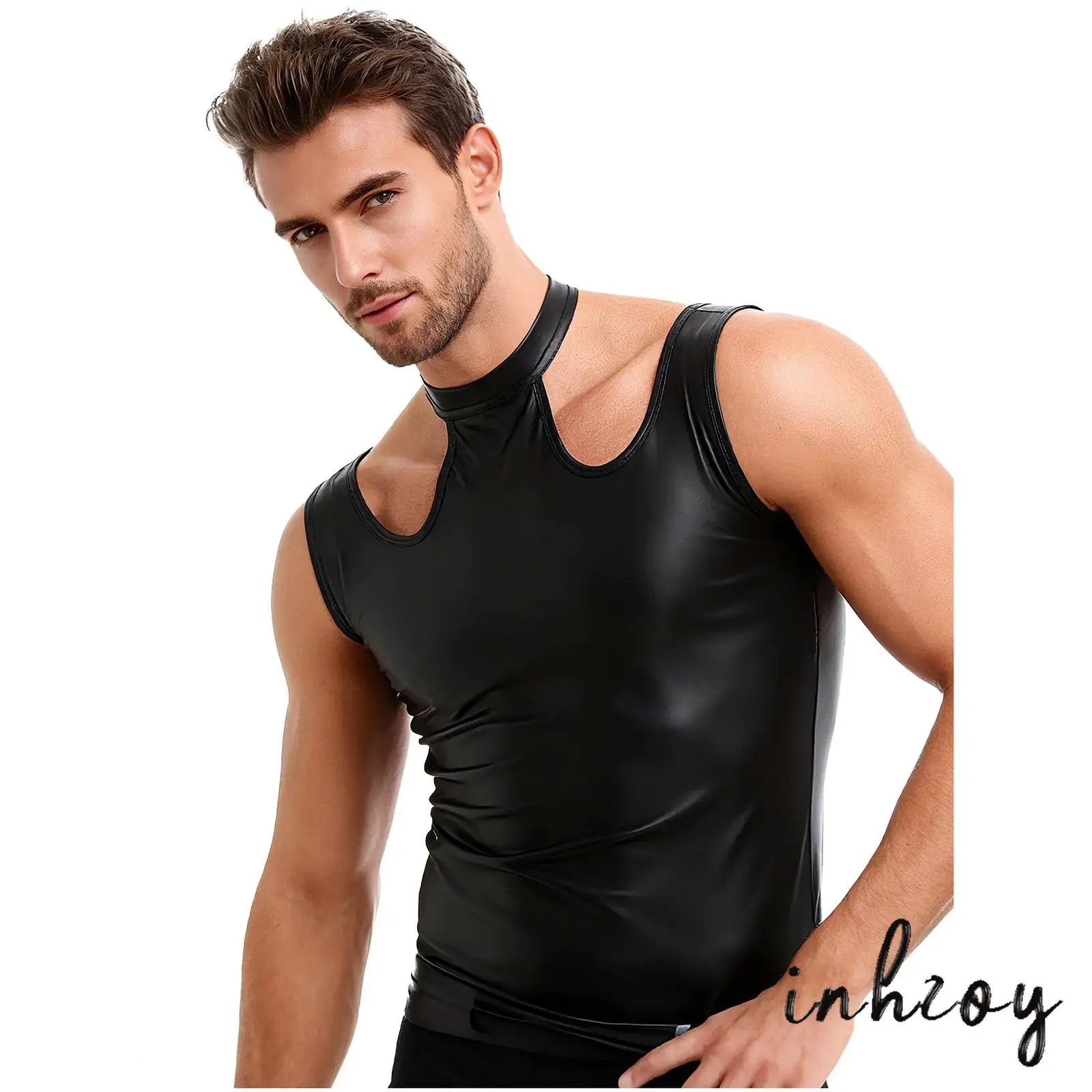 

Mens Matte PU Leather Tank Top Sleeveless Shoulder Cut-out Halter Pole Dance Vest Singlets Slim Fit Carnival Parties Clubwear