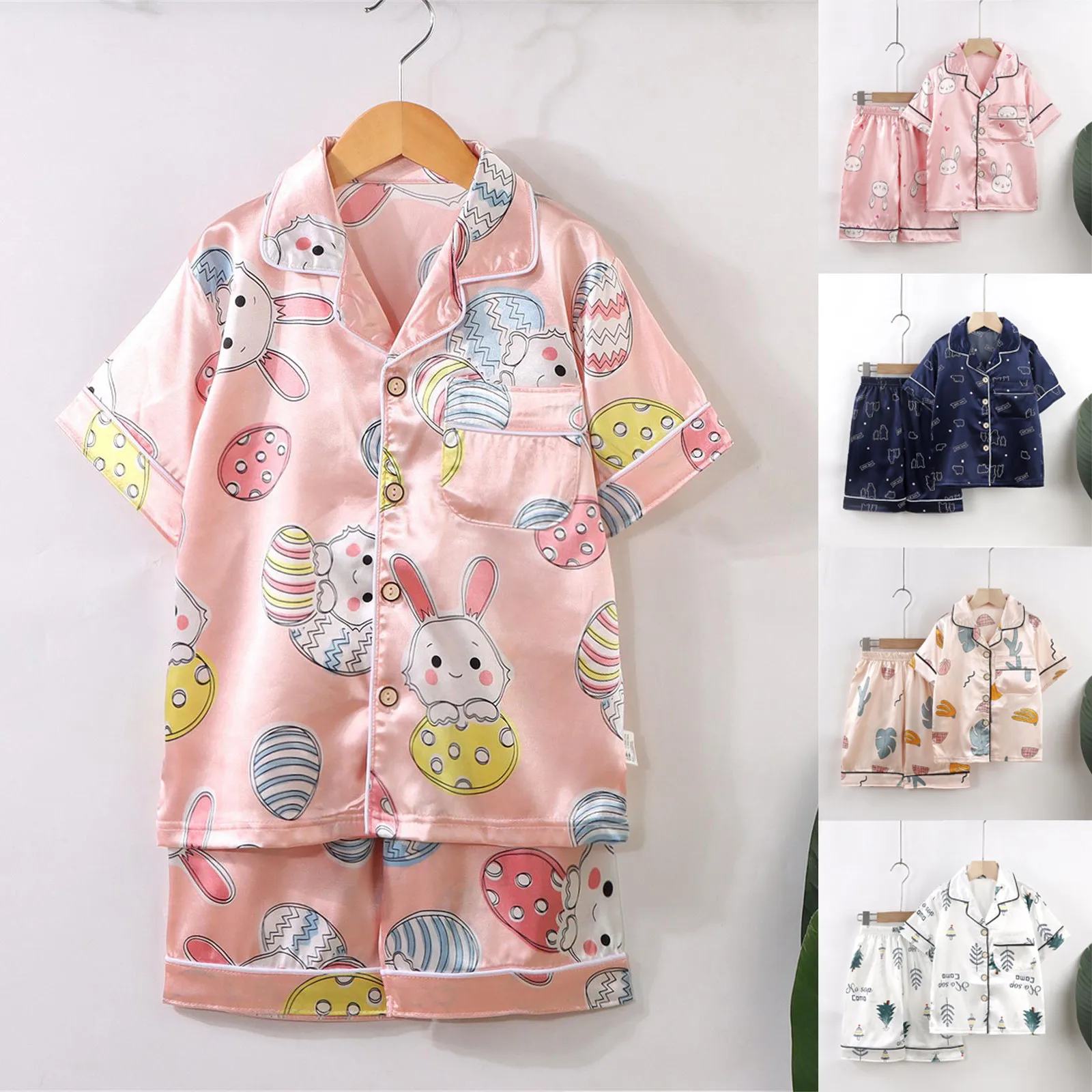 Children's Home Wear Pajamas Summer Boys And Girls Cartoon Print Thin Lapel Short Sleeved Pajamas Short Sleeve Shirt Shorts Set