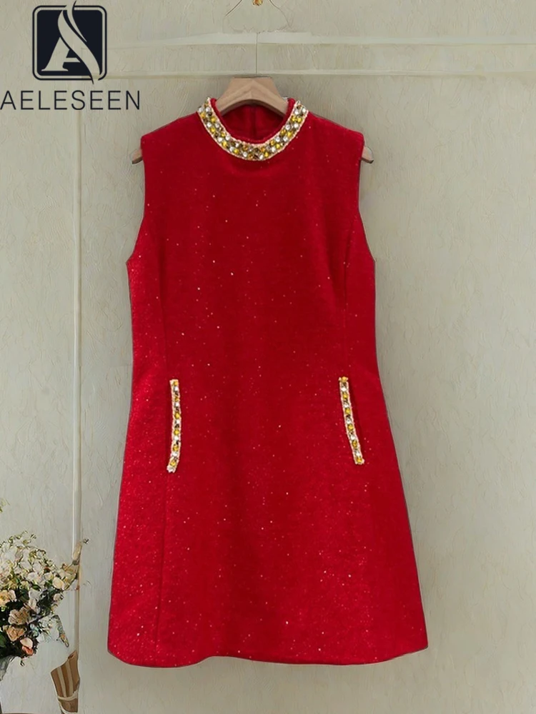 

AELESEEN Casual Summer Mini Dress Women Sleeveless Turtneck Luxury Sequined Beading Diamonds Design Fashion A-Line Tweed