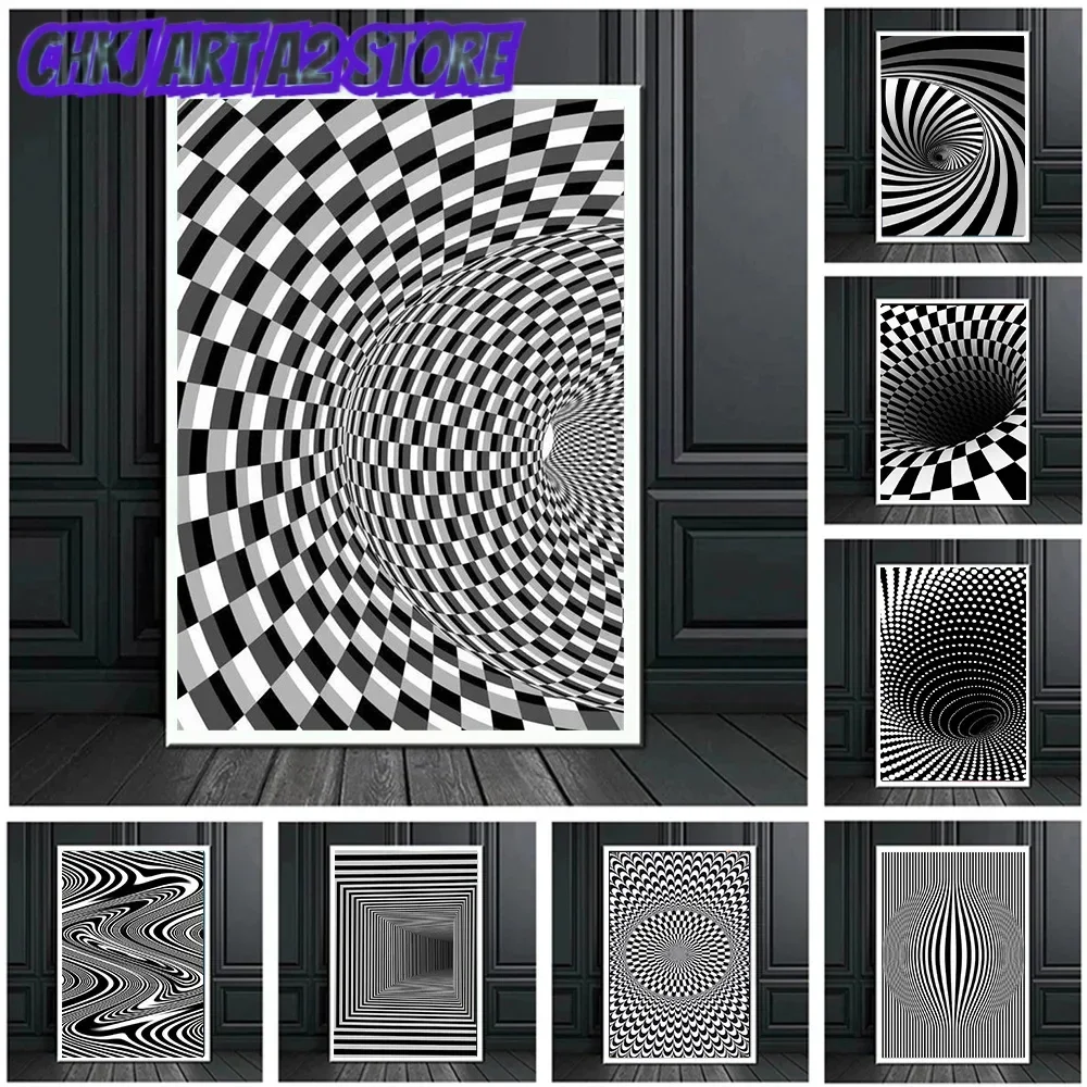 Abstract Optical Illusion Poster Prints For Living Room Home Decor Black And White Trippy Psychedelic Canvas Painting Wall Art