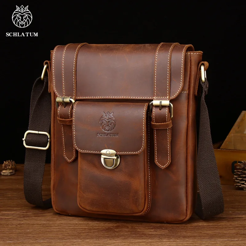 Bolsa crossbody de ombro único da moda masculina de couro de cavalo louco, bolsa mensageiro de couro genuíno retrô britânico