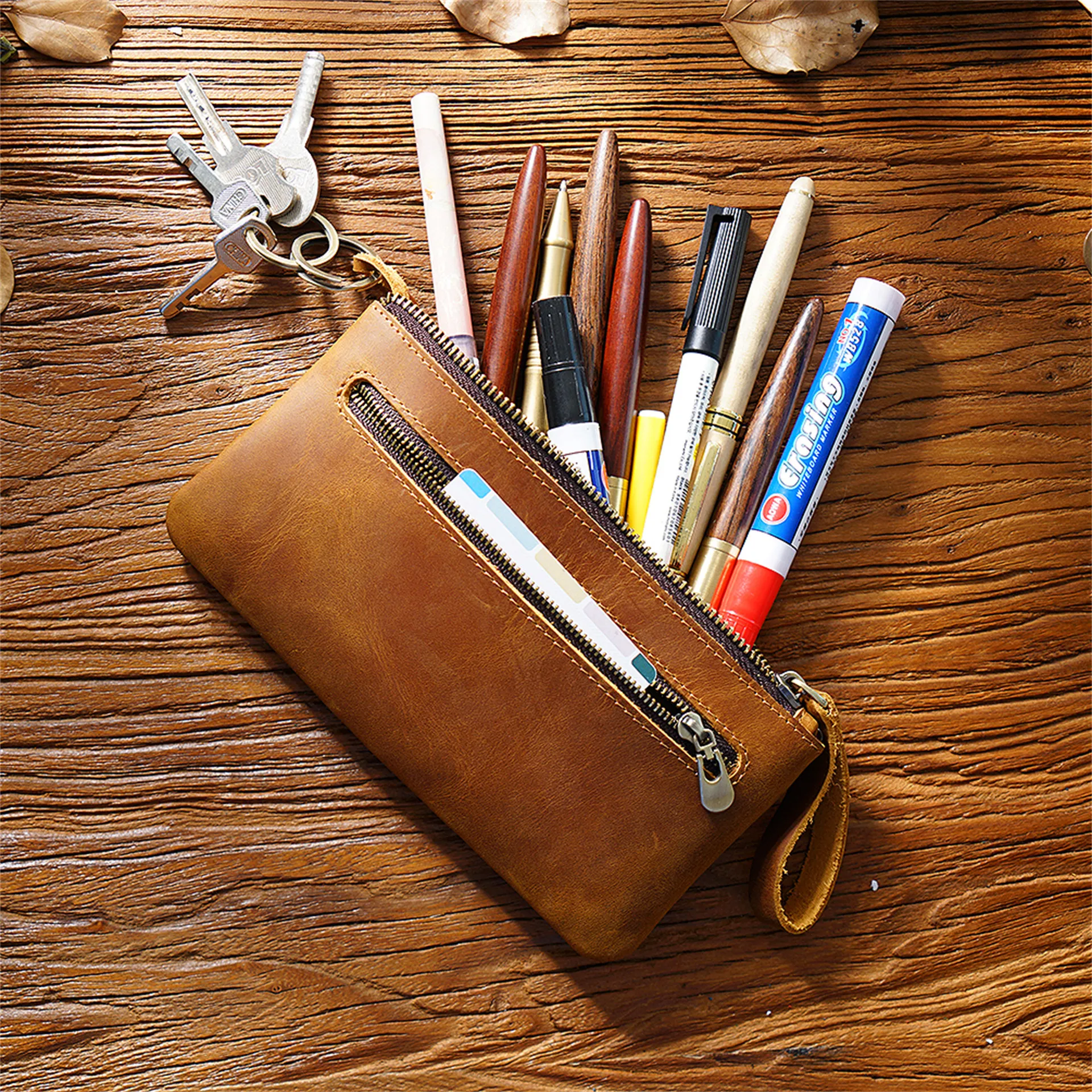 100% Leather Pencil Case Zipper Retro Pen Pouch For Boys Girls School Students Cowhide Men Pencil Bag with Slots