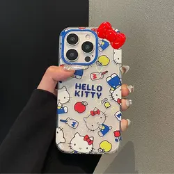 Sanrio Hello Kitty Bow Mirror Blue KT Milk Phone Case For iPhone 15 14 13 12 11 Pro Max XR XS MAX 7 8 Plus MINI Y2K Laser Cover