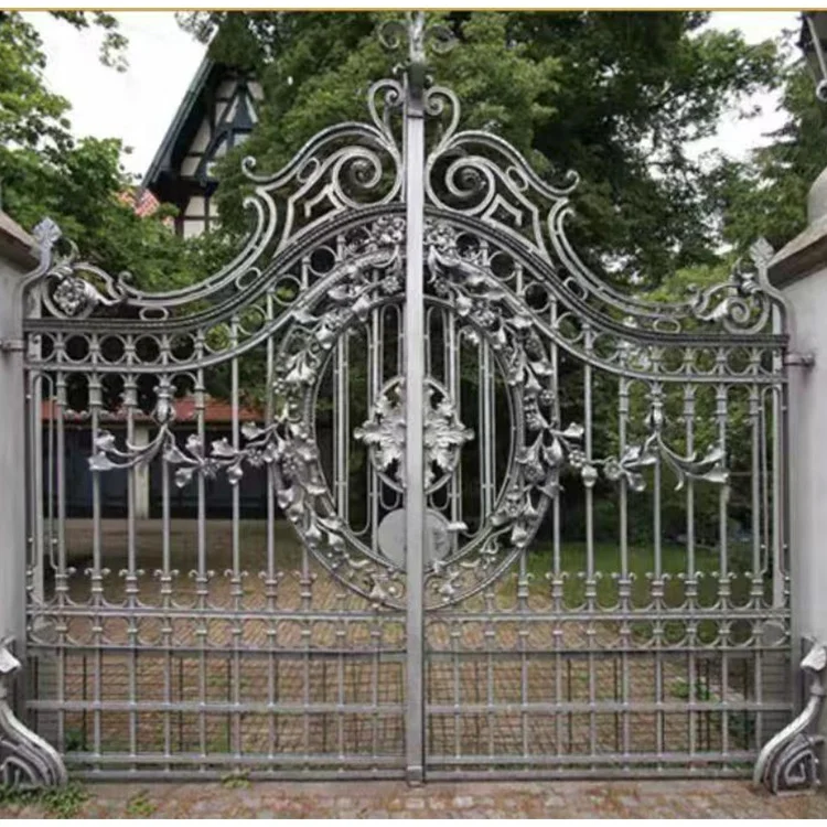 

cj-Modern Black Wrought Iron Double Door Exterior Main Entrance Metal Model with Decorative Balustrades & Handrails@