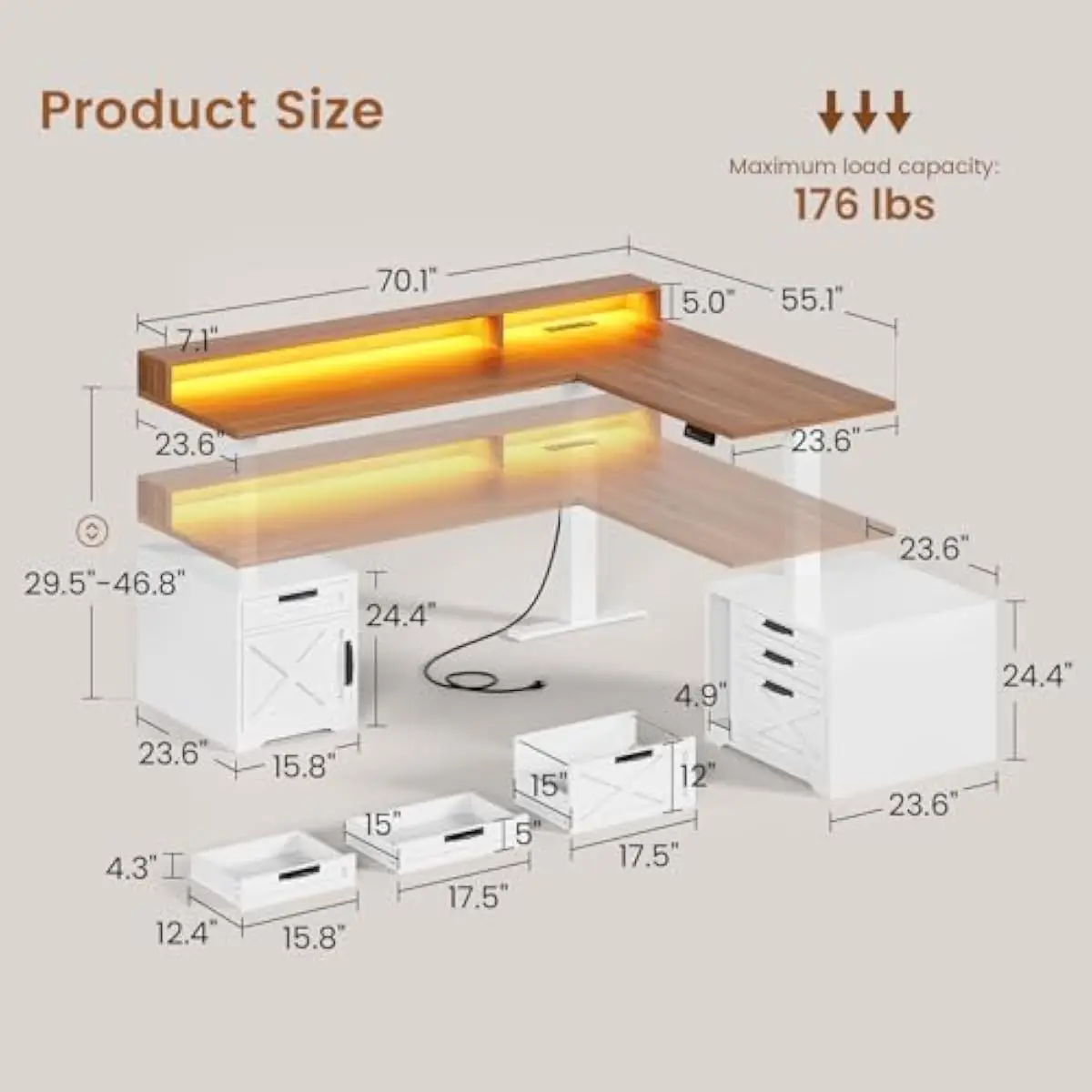 L Shaped Electric Standing Desk with LED Display and 3 Memory Presets, White Farmhouse Style, 73 Inch Width, Height Range 29.5 t