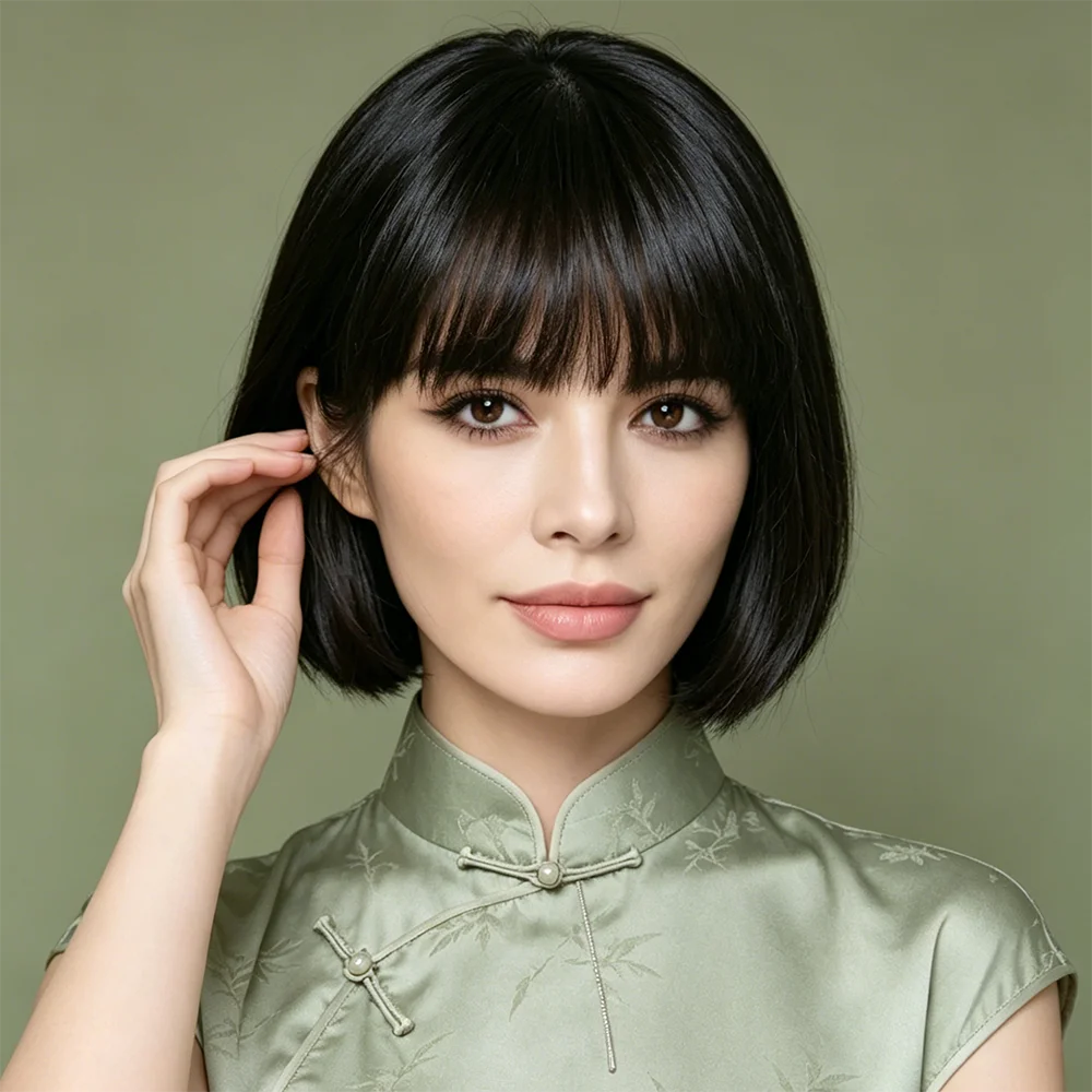 

Straight short Human Hair wig with full bangs Natural Looking Full Machine Made Short Black Blunt Cut Bob Wig Daily Wear