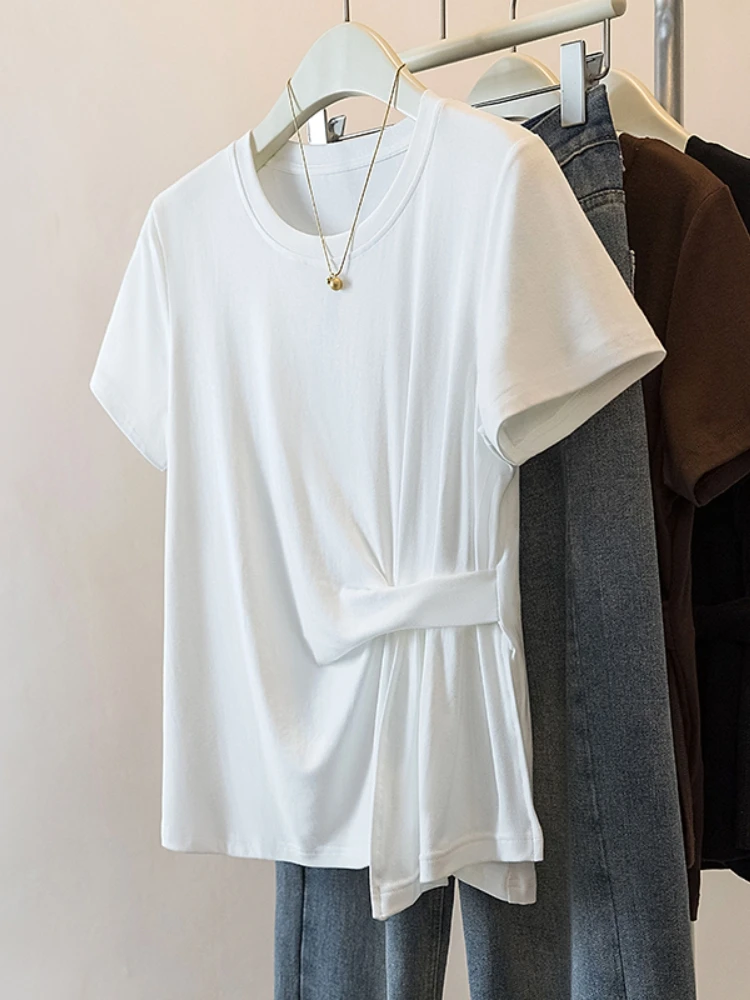 Cafe Au Lait Short Sleeve T-Shirt Women Summer plus Size Base Shirt Plump Sister Slimming Belly Covering Waist Cinching Top