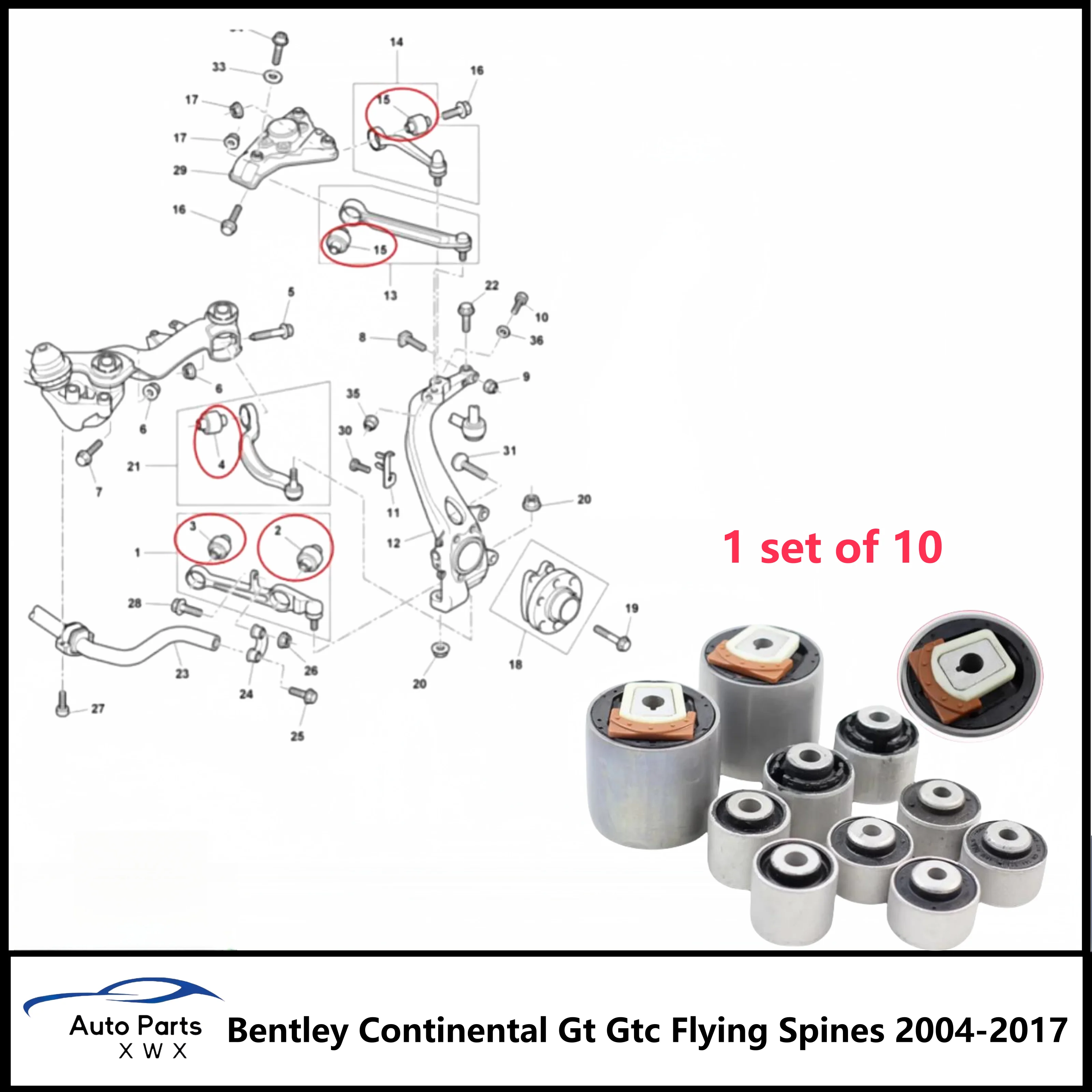 For Bentley Continental Gt Gtc Flying Spines 2004-2017 1 set of 10 front up and down swing control arm bushing kit swing arm glu