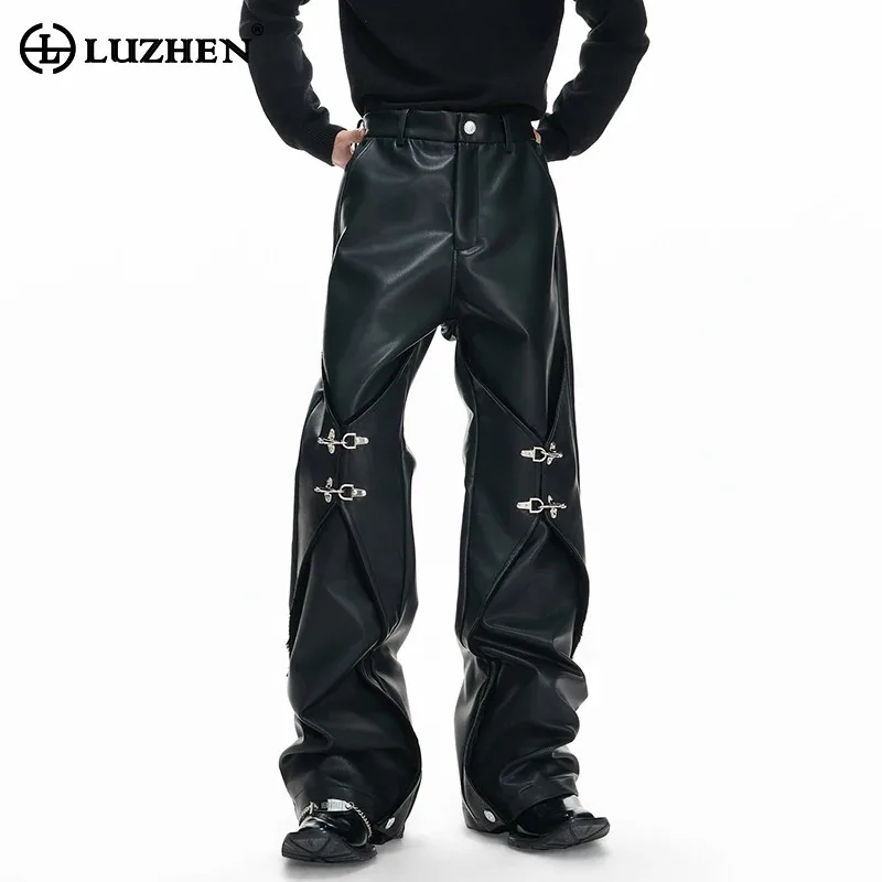 

LUZHEN 2026 New Original Metal Buckle Splicing Design Wide Leg Casual Leather Pants Men's Stylish Motorcycles Trousers JY6230