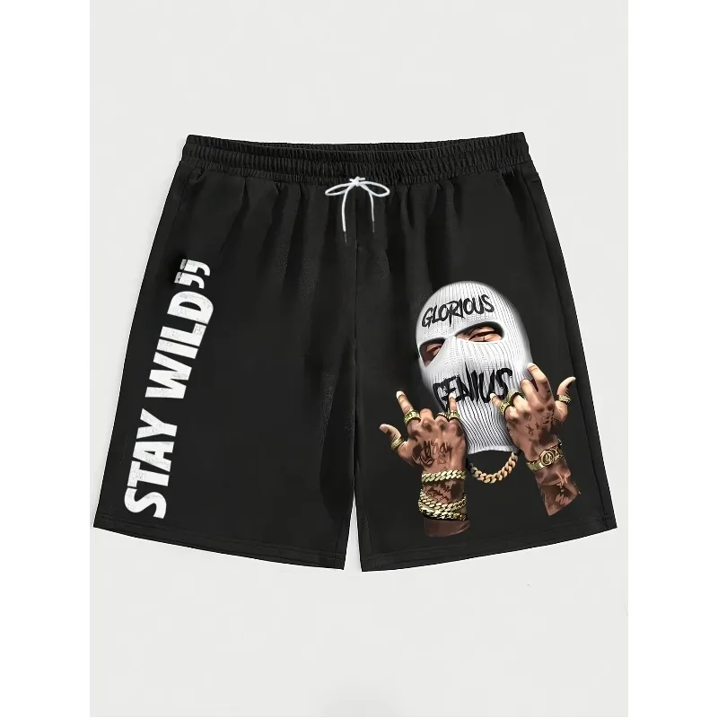 Men's Printed Masked Figure and Letter Printed Shorts with Waistband, Summer Street Fashion Shorts