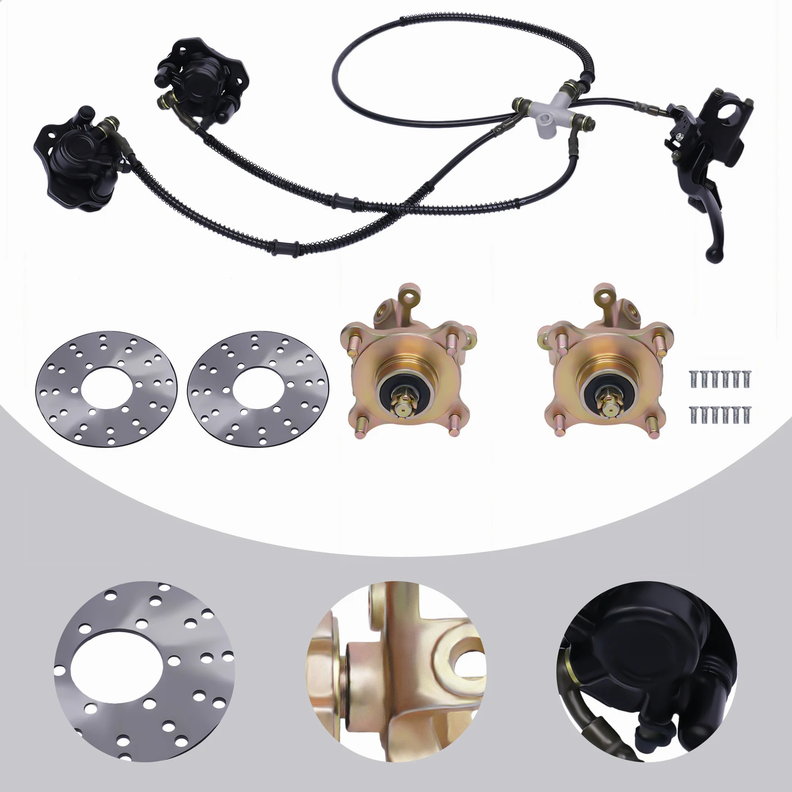 

ATV Front End Kit Steering Knuckle Spindles Includes Brake Disc and Caliper Heavy-Duty Steel for Off-Road 4 Wheeler