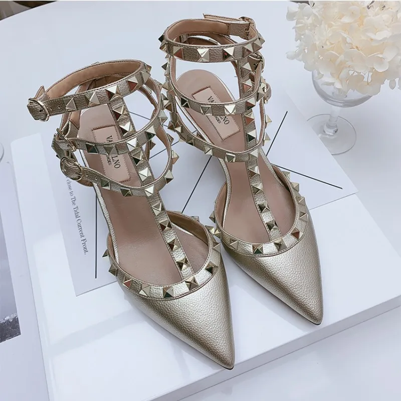 2023 Summer Luxury Genuine Leather Women\'s Sandals High Heels Classic Metal Rivet Pointed Pumps Sexy Wedding Party Shoes 33 - 41