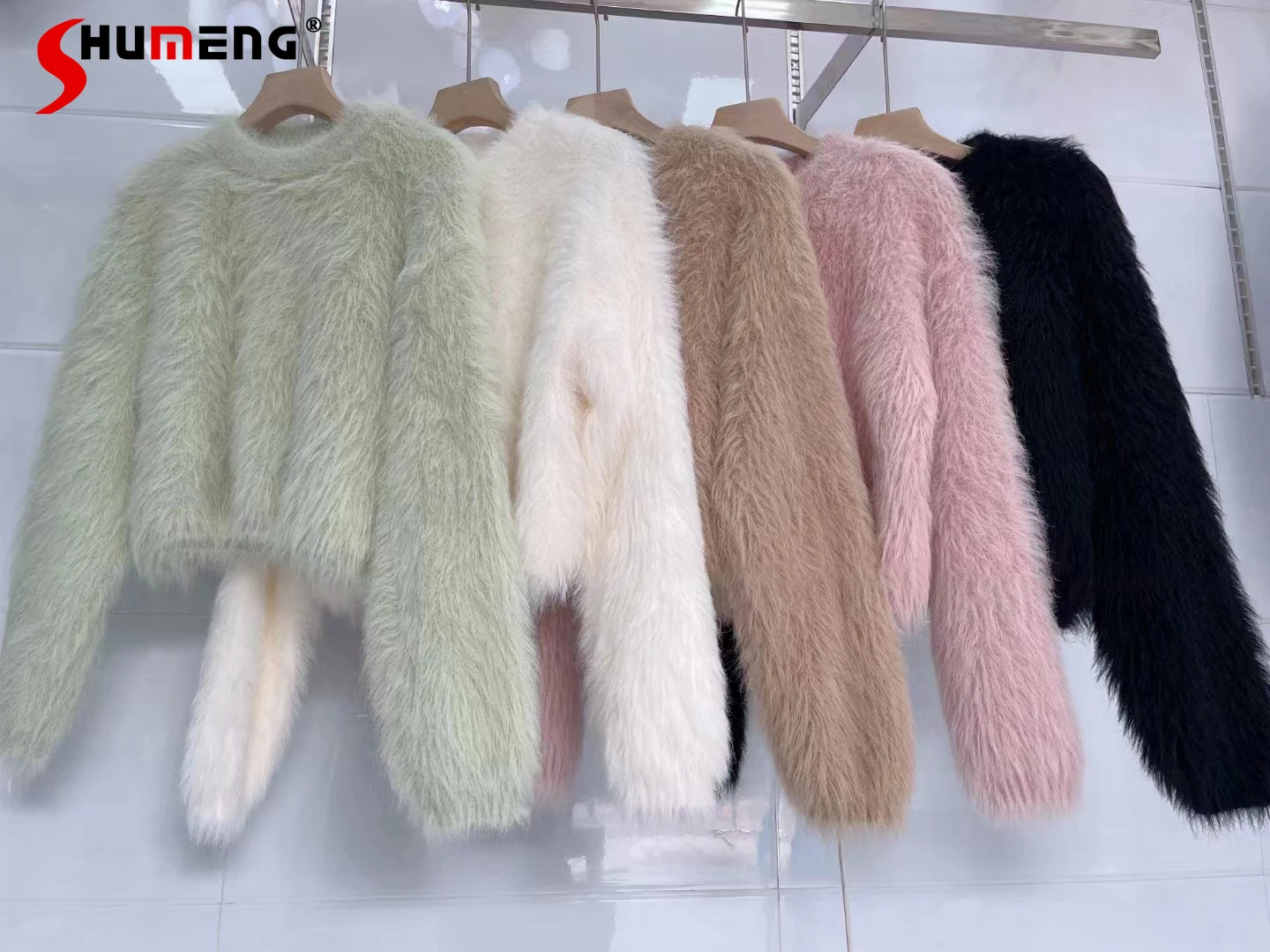 

Warm Artificial Mink Green Furry Sweater for Women 2023 Autumn and Winter New Ladies Long Sleeve Pullover Short Knitted Sweaters