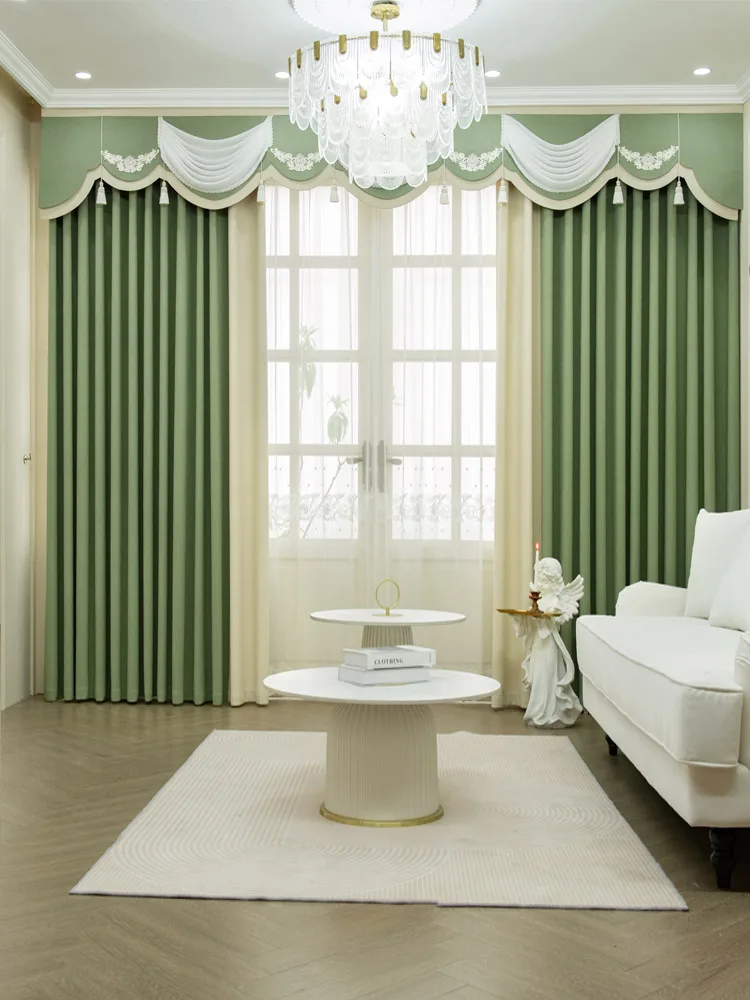 

Custom Upscale French Matcha green cream living room bedroom thick cloth blackout curtain tulle valance drape C1839