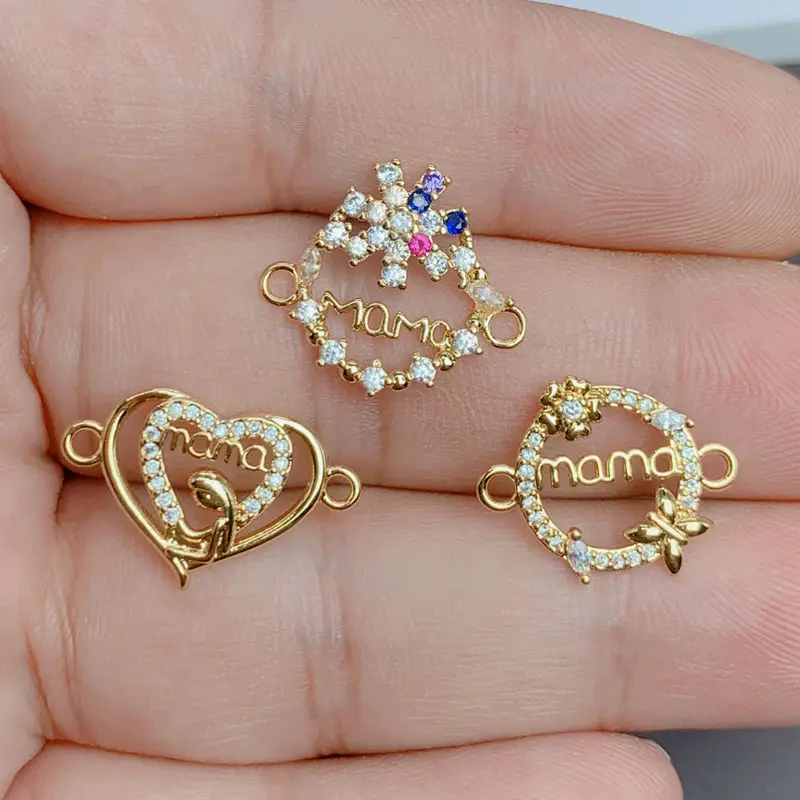 Fashion Crystal Luxury Zircon Stone Heart Mom Letter Pendants for DIY Charms Necklace Bracelet Jewelry Making Accessories