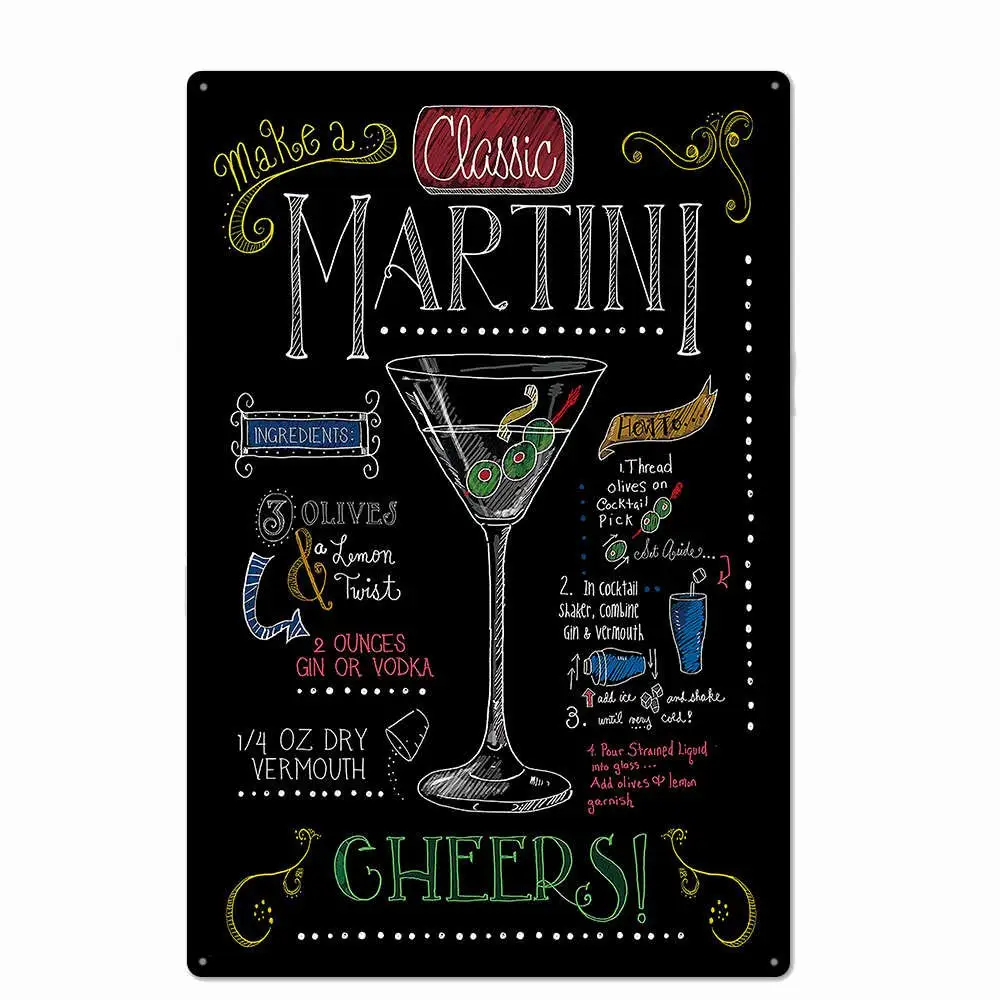 Original Retro Design Classic Martini Cocktail Recipe Tin Metal Signs Wall Art | Thick Tinplate Print Poster Wall Decoratio sign