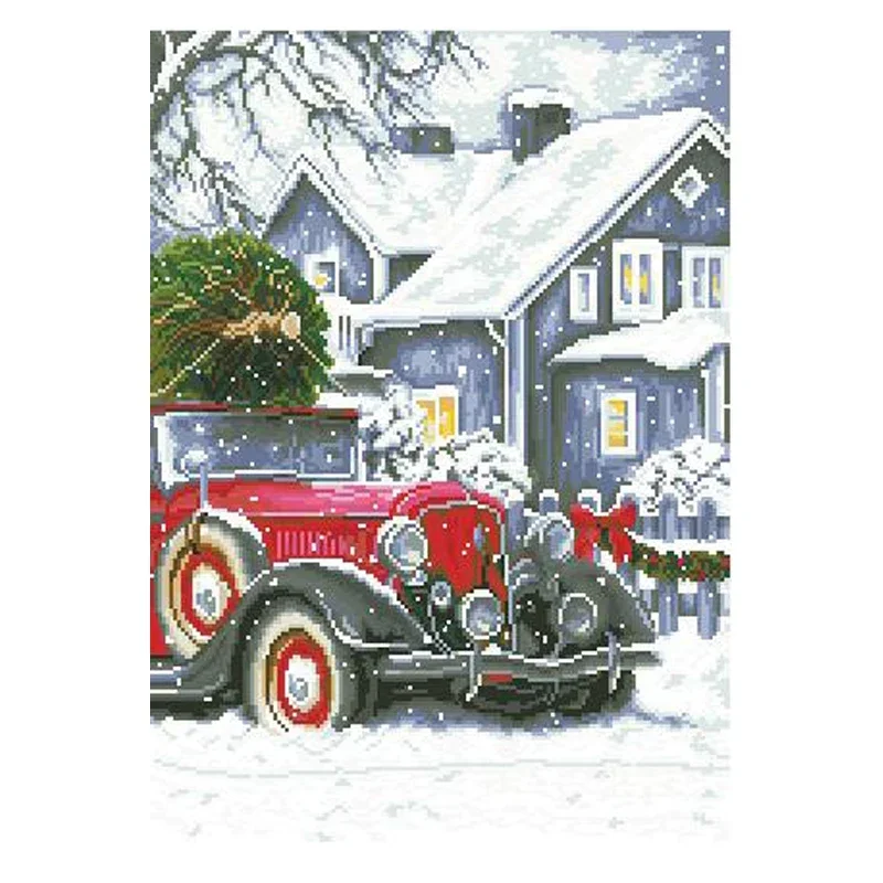 Amishop Top Quality Counted Cross Stitch Kit Winter Holidays Christmas Tree Car Snowing Village Luca-S_BU4010