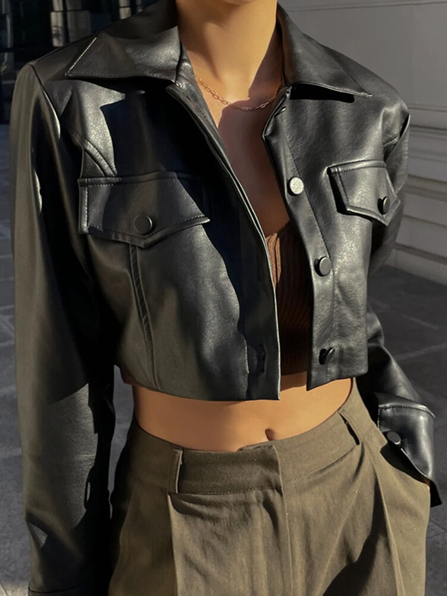 Women Crop Leather Jacket Solid Color Casual Long Sleeve Button Down Jacket Fall Winter Outwear Streetwear