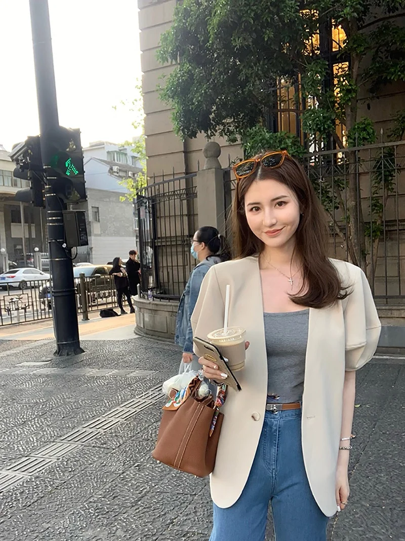 

Summer Slim Fit Suit Casual Thin Short Sleeve No Collar Loose Arch Needle Women's Top Coat Regular Length Commute Style Pure ...