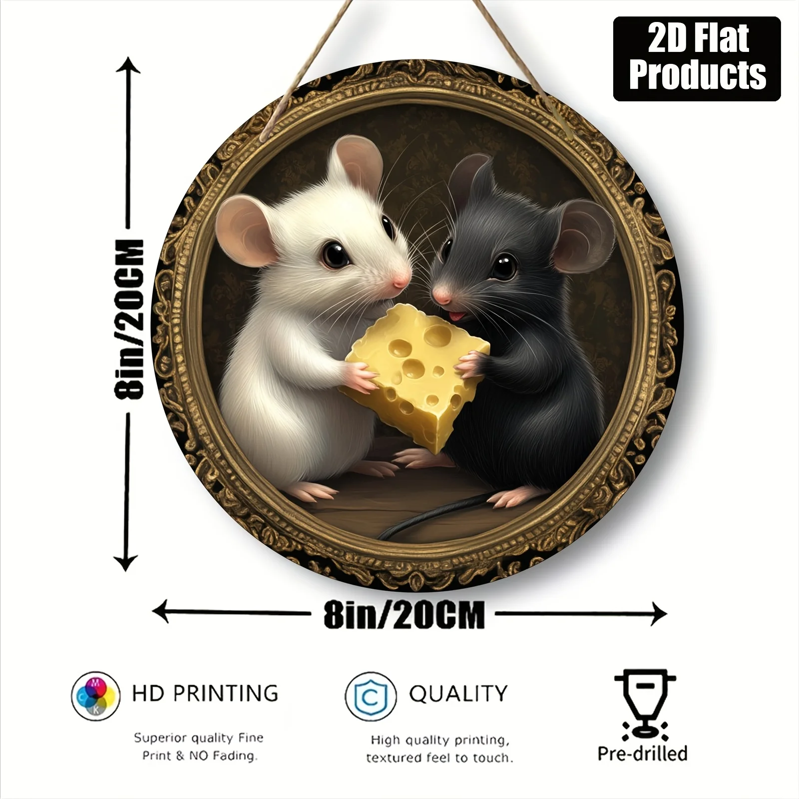 2D Flat - 1pc 2D Flat Round Wooden Board Decorative Painting Sign Plaque | Mouse with Cheese Theme, Suitable for Bar, Kitchen, C