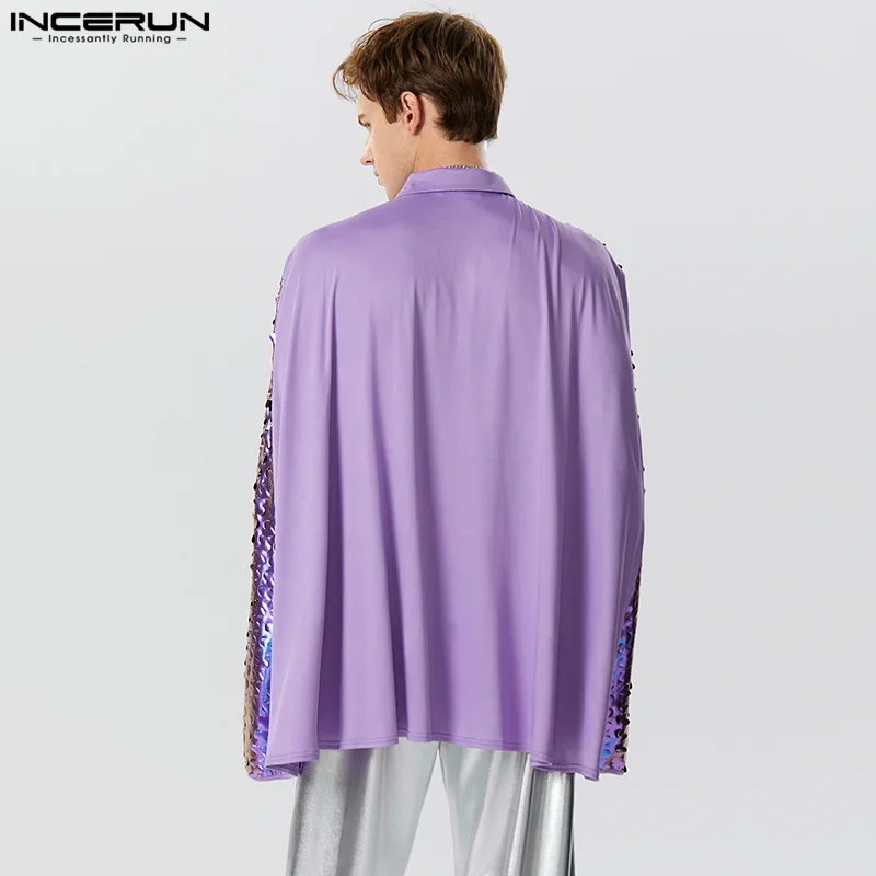 INCERUN Men Cloak Patchwork Shiny Lapel One Button Loose Fashion Irregular Trench Ponchos Streetwear 2024 Casual Cape Coats Men