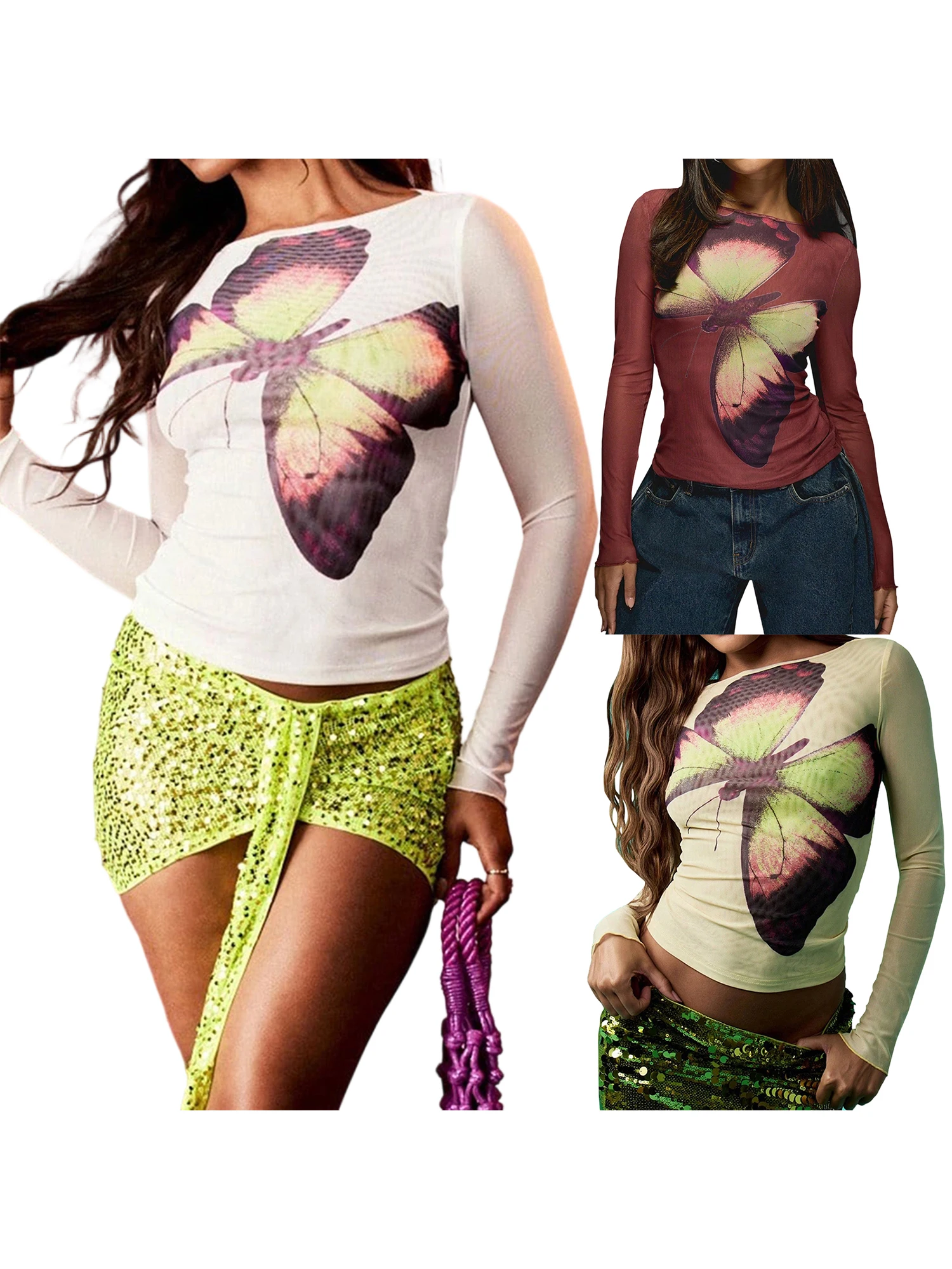 Women s Spring Summer Mesh Tops Long Sleeve O Neck Butterfly Print  Fit Blouse