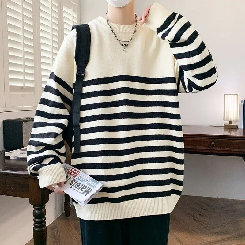 Men Black White Striped Crew Neck Sweater Oversized Loose Long Sleeve Knit Pullover Korean Streetwear Casual Daily Knit Top for