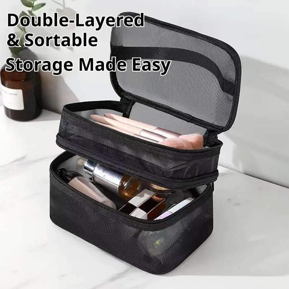 Double-Layer Mesh Cosmetic Bag Travel Makeup Organizer Dual Opening Clear Makeup Pouch Portable Waterproof Toiletry Bag Womens