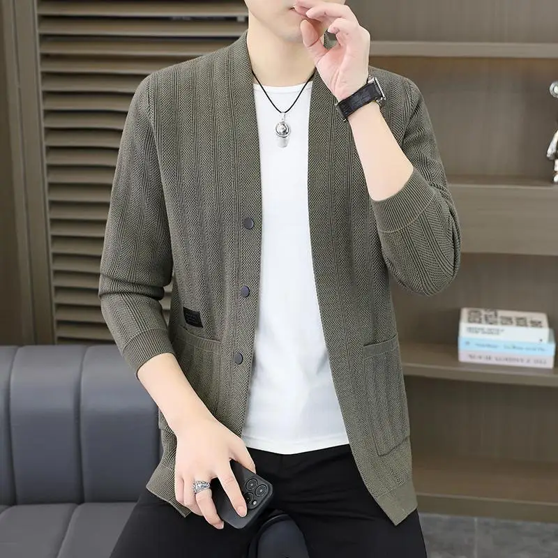 

Мужской вязаный кардиган на весну-осень, повседневный, универсальный, модный, всесезонный свитер из волокна Coolmax, полиэстер, тонкий, стандартный крой