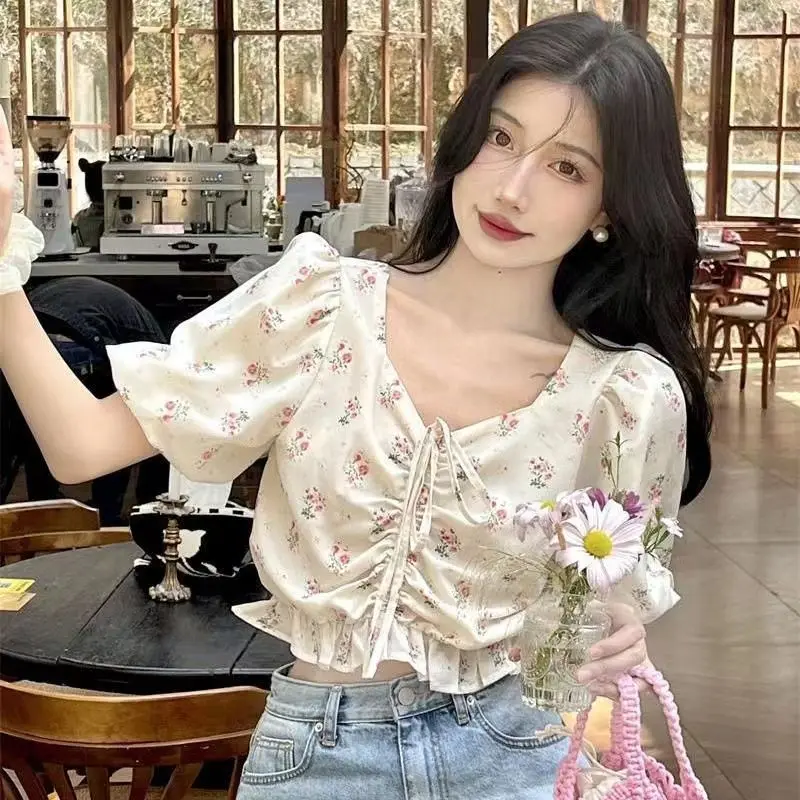 Women Blouse Floral Shirring Lace-up Chiffon Crop Tops Design Niche Korean Fashion All-match Chic Sweet Spicy Girls Summer Ins