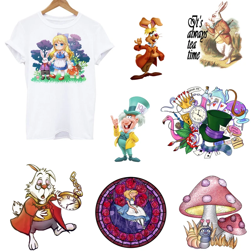 Alice In Wonderland Iron Transfer Patches Fusible Patch on Clothes Disney Heat Transfer Stickers DIY Casual T-Shirt Sweatshirt