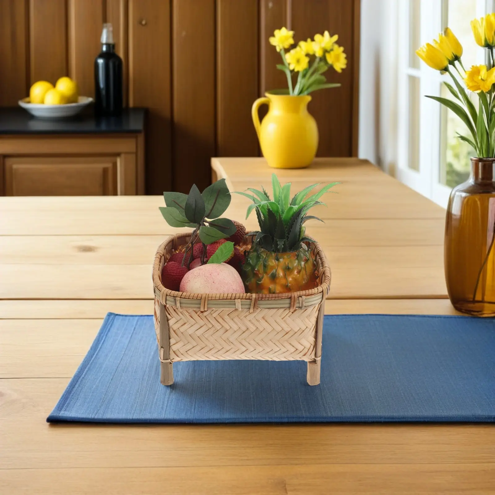 Bamboo Fruit Basket Handwoven Short Legs Kitchen Counter Multi Purpose Woven Storage Holder Bread Snacks Vegetables Tabletop