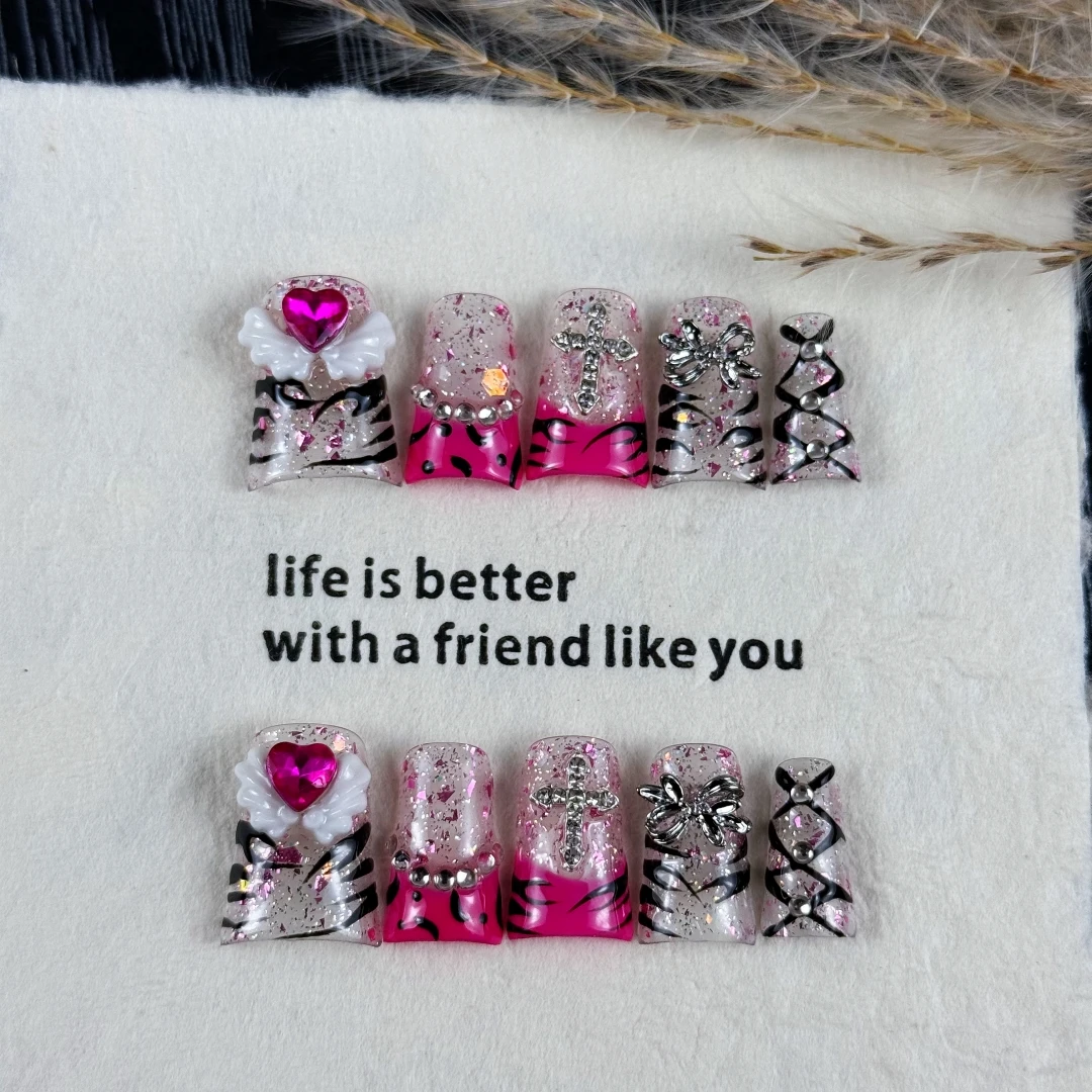 10pcs high-end Sweet and cool girl style, hand-painted zebra pattern, vibrant graffiti, shiny sparkly diamonds handmade fake