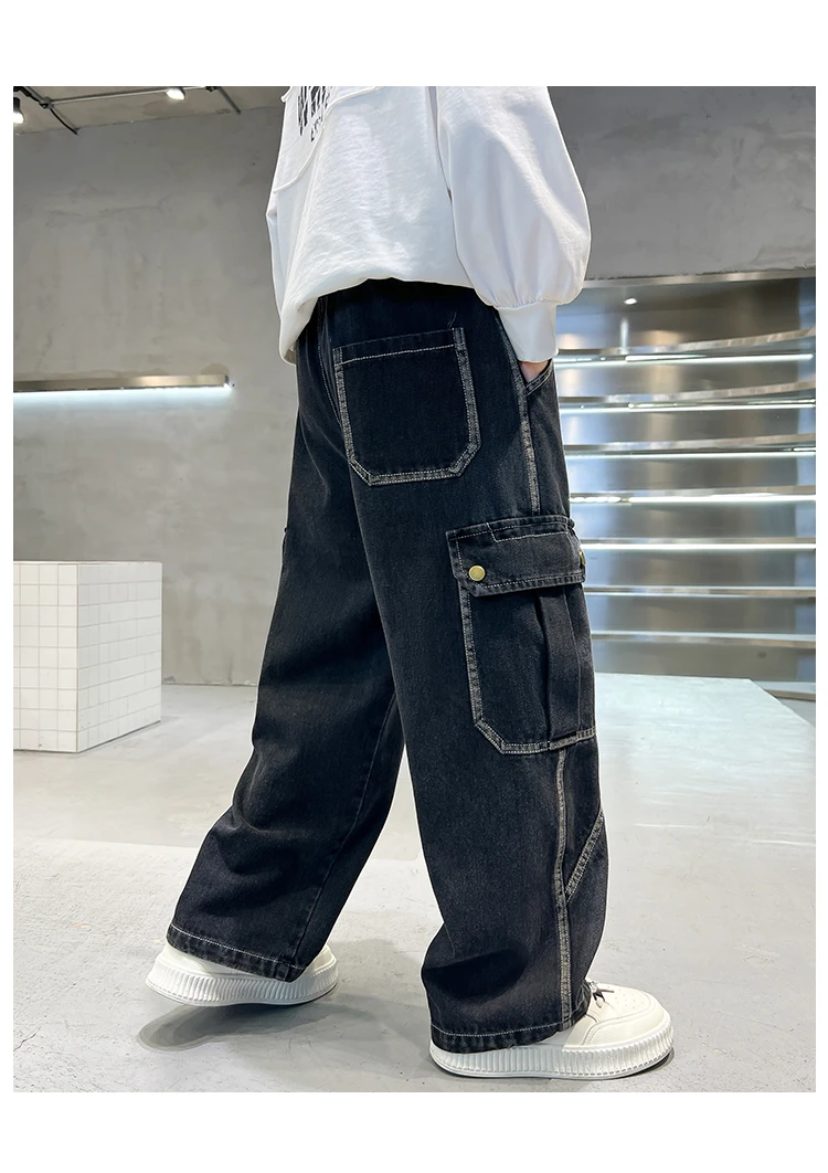 Neue lässige Kinder-Cargo-Jeans mit geradem Bein und Taschen für Teenager-Jungen, modische Street-Denim-Hosen, elegante Hosen für Kinder. – Detail 13