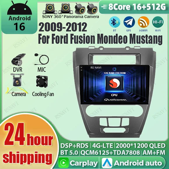 Автомагнитола с Android 16, CarPlay, экраном Qualcomm 2K QLED для Ford Fusion Mondeo 2009-2012, GPS, Wi-Fi, 4G, BT, DSP, мультимедиа