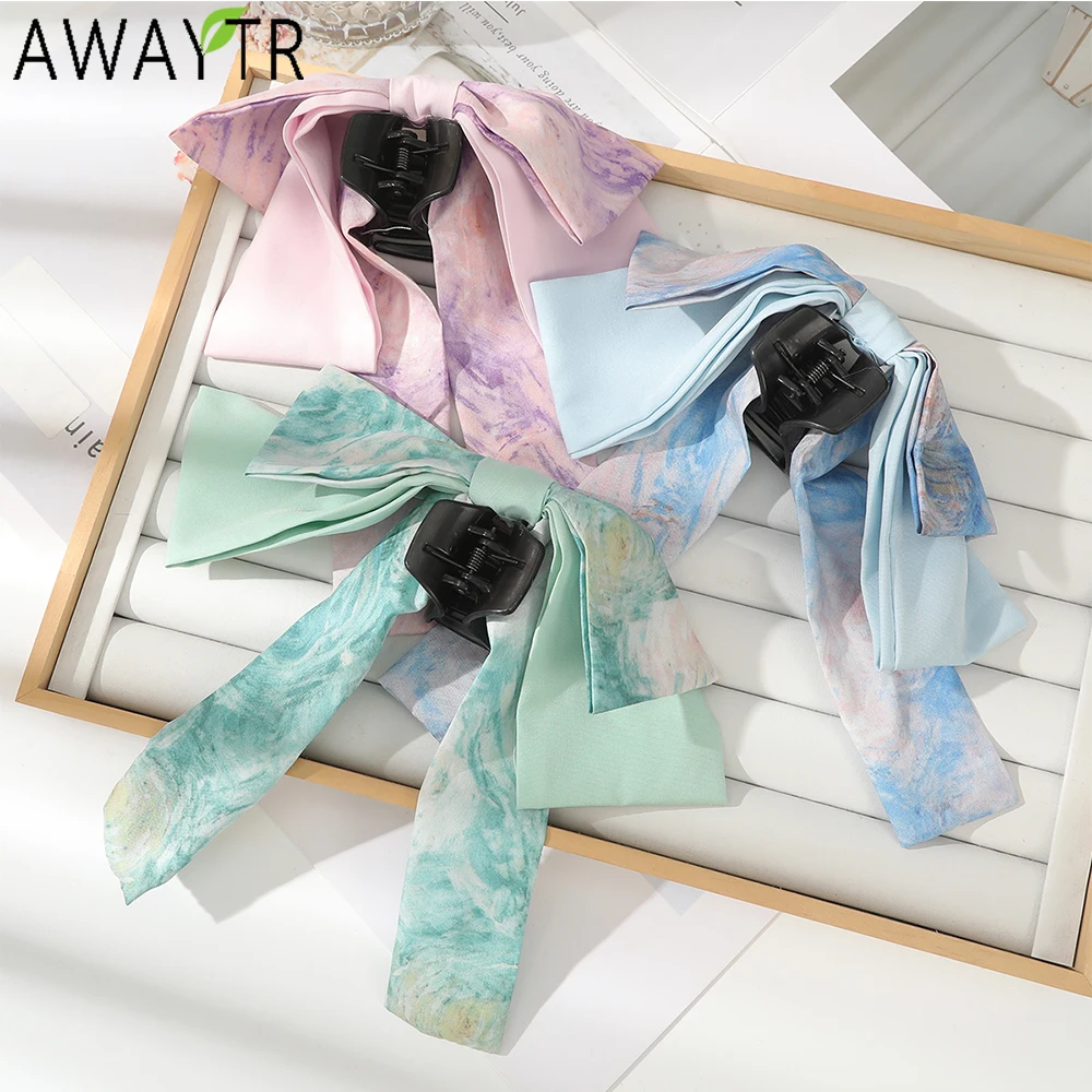 AWAYTR Printed Satin Ribbon Bow Tie Hair Claws Farbic Hair Clips Crab For Girl Gift Hair Accessories Festival Headwear