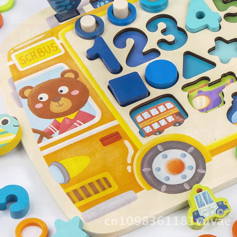 Drewniana edukacyjna tablica arytmetyczna i logarytmiczna dla dzieci, wielofunkcyjna, w kształcie autobusu szkolnego, układanka, zabawka do nauki cyfr.
