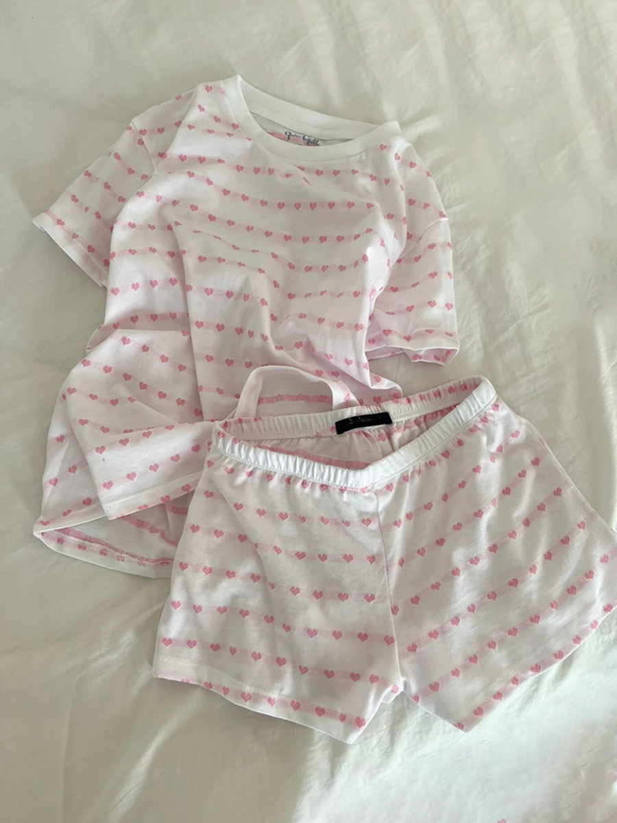 

Pink Hearts Embroidery T-shirt Shorts Set Woman Short Sleeve Tee+Elastic Waist Straight Sweatshorts New Cotton Home 2 Piece Sets