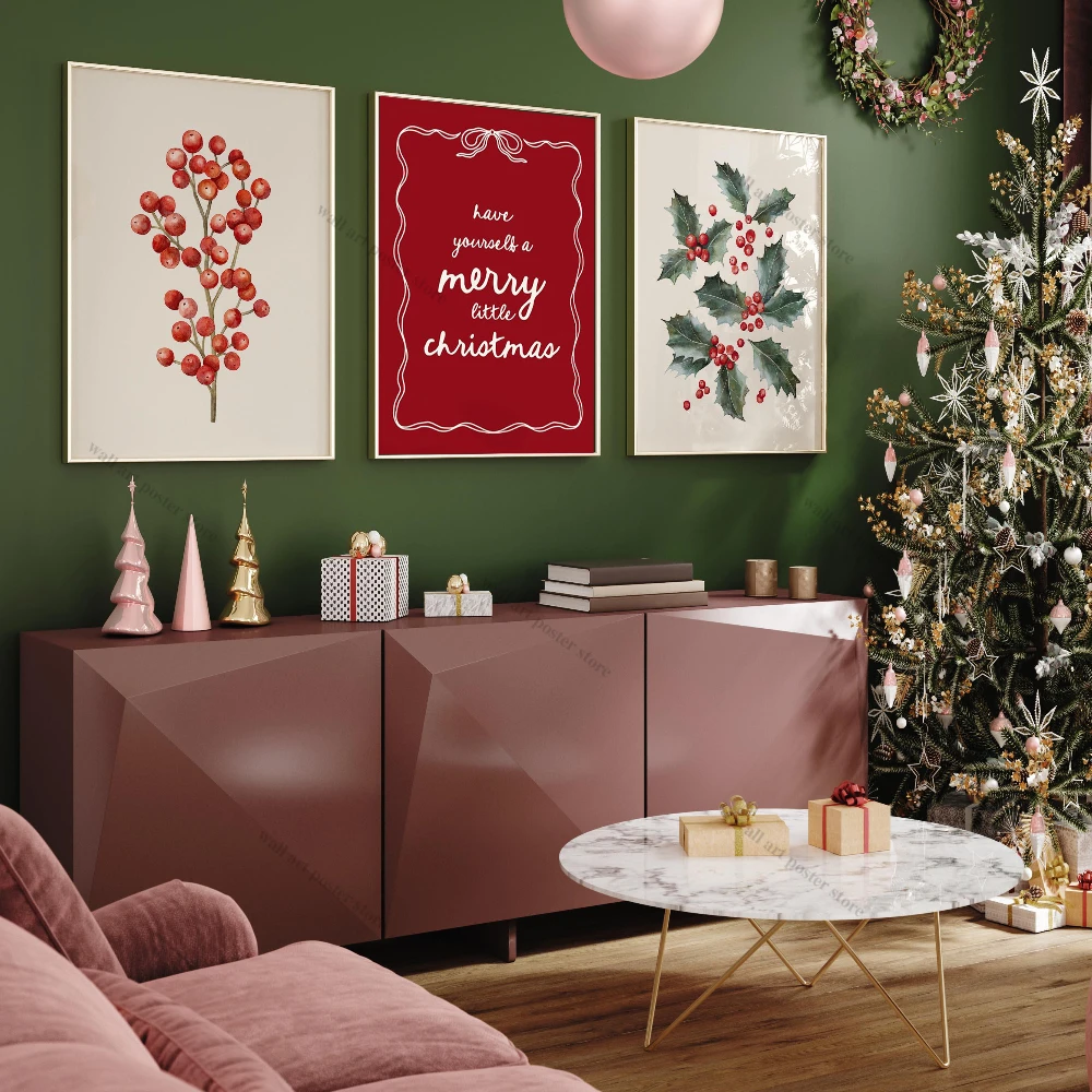 3pcs frameless Canvas Painting Trendy Christmas Prints Merry Christmas Winter Poster Holly Berry Leaves Printable Wall Art Minim
