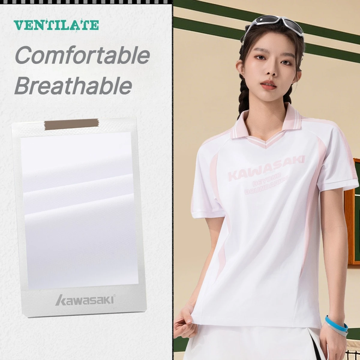 Kawasaki Women's V-Neck Sporty Jersey T-Shirt Summer Printing Casual Absorb Sweat Wear Sports Loose and Comfortable T-shirt Tops