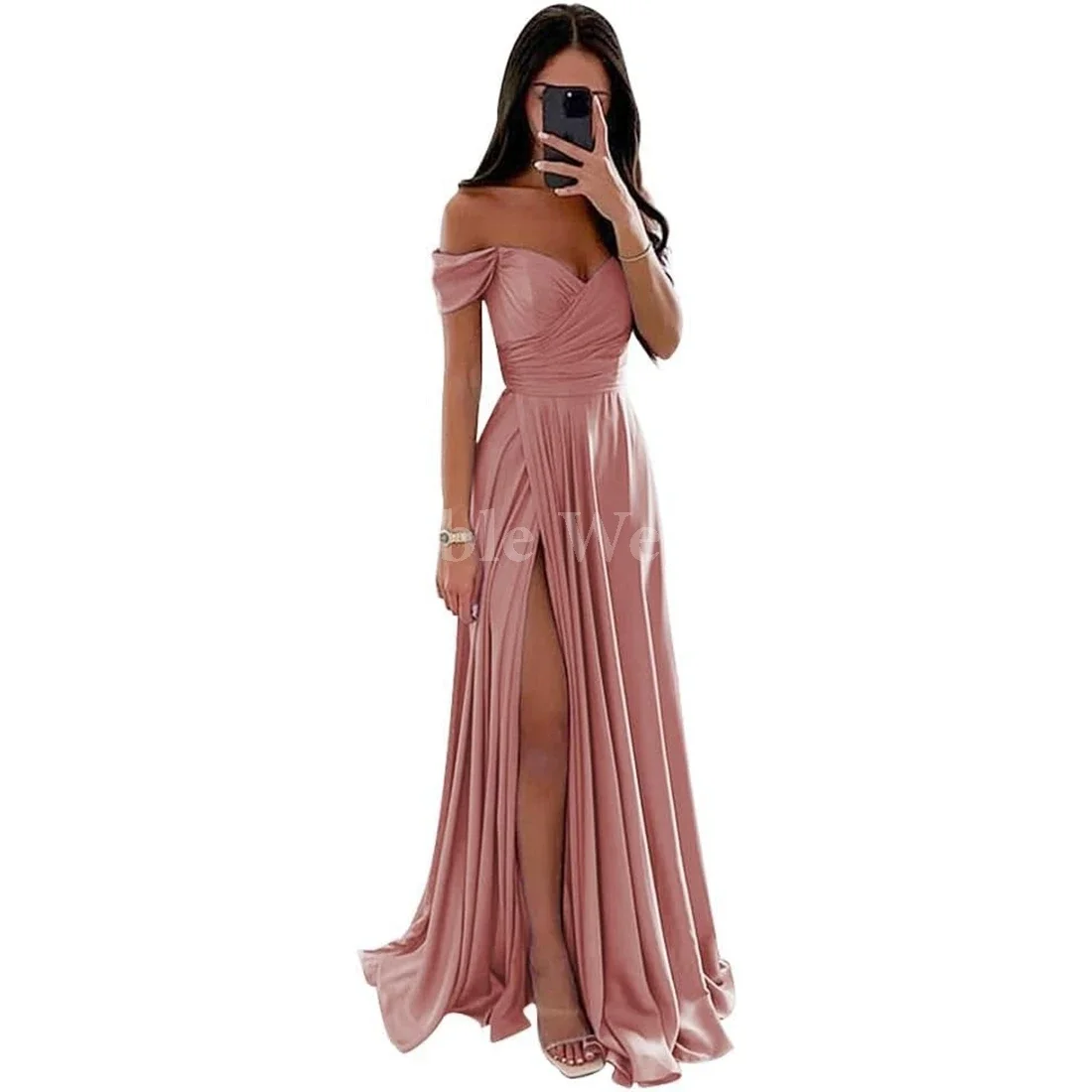 

Bridesmaid Dresses for Women Off Shoulder Satin Prom Dress A Line Ruched Corset Long Formal Gown with Slit Customized