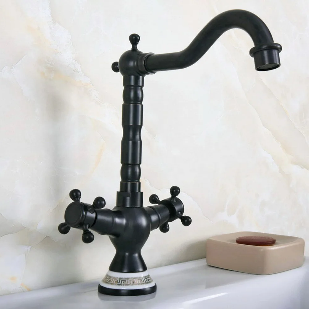 

Basin Faucet Black Color Brass Porcelain Base Bathroom Sink Swivel Mixer Tap Hot and Cold Water faucets Bnf648