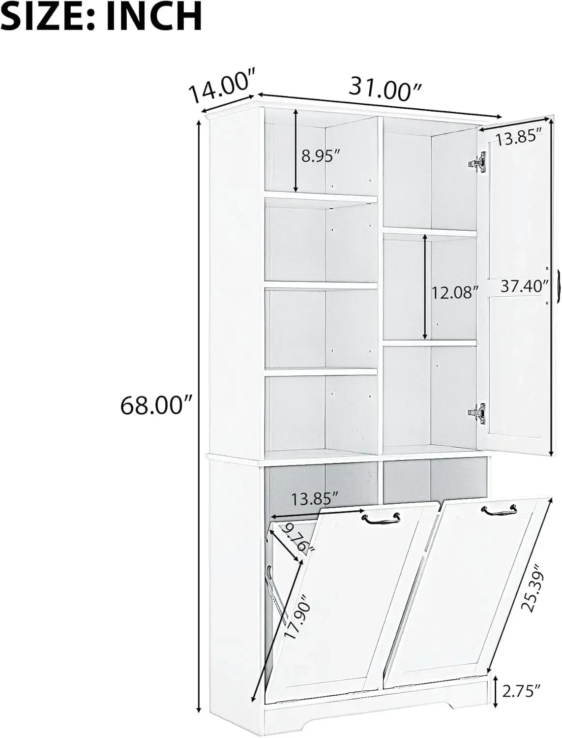 68” Tall Bathroom Storage Cabinet with 2 Tilt Out Laundry Hamper, Freestanding Bathroom Storage Cabinet with Door and Adjustable