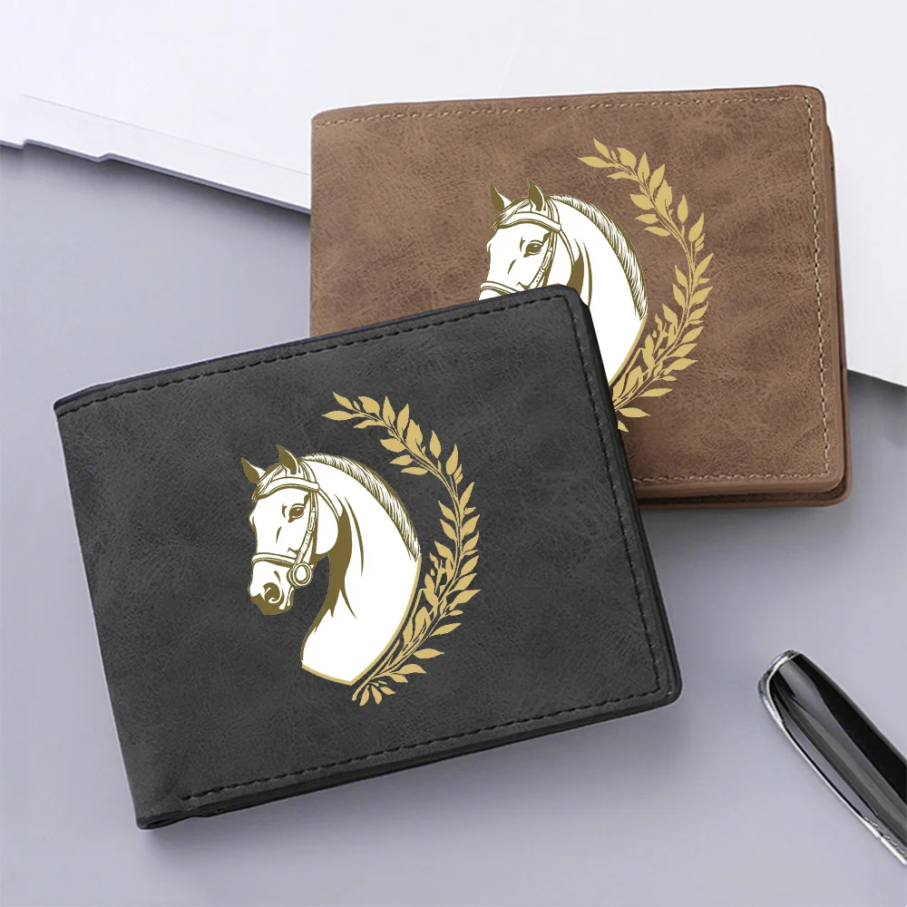 Klassische Mini-Geldbörse für Herren, PU-Leder, kompakt, mit mehreren Kartenfächern, Münzaufbewahrung, Retro-Druck, Pferdemuster, Vintage-Geldklammer