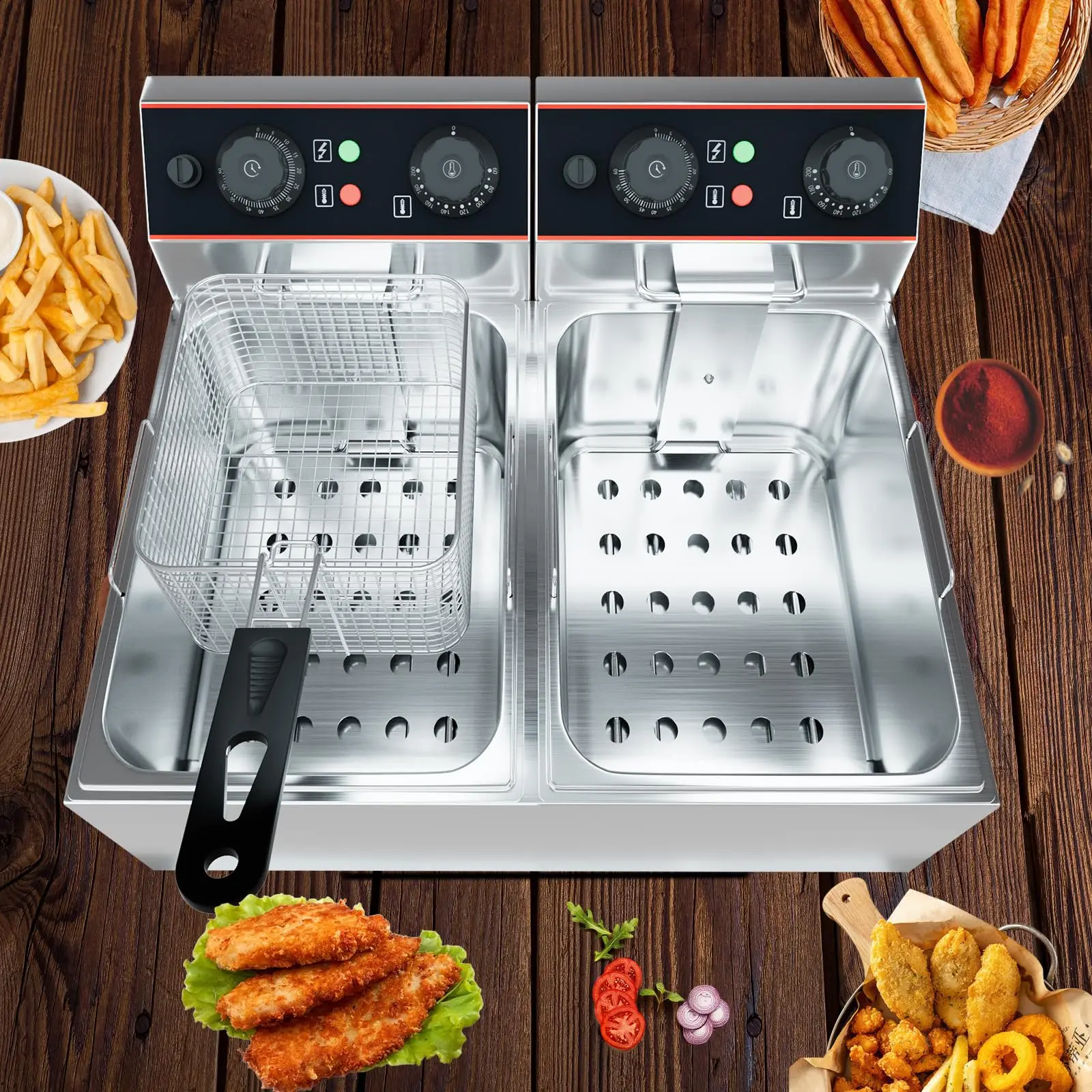 6/8/11L مقلاة كهربائية تجارية عميقة 1500/3000 واط حماية السلامة قابل للتعديل درجة الحرارة 1/2 سلال الفولاذ المقاوم للصدأ للمطبخ المنزلي