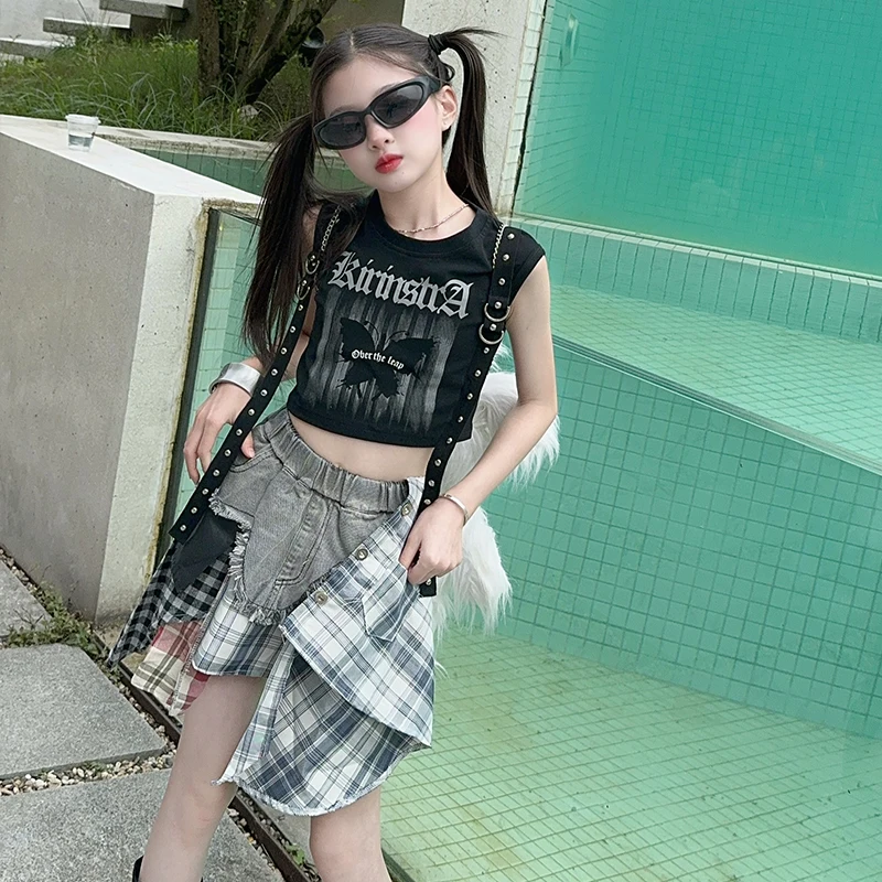 Teenage Girls 2pcs Clothing Set with Button Ribbon Butterfly Crop Top + Asymmetrical Plaid Skirt Fashion Streetwear Kids Outfits