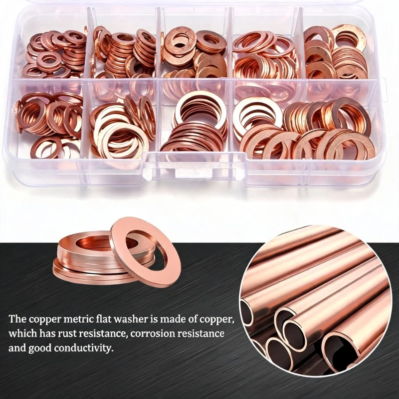 188PC Scopper Washer Annealing Set Copper Crush Washers Metric Oil Drain Bolt Kit Sealing Washers (M5 M6 M8 M10 M12 M14)